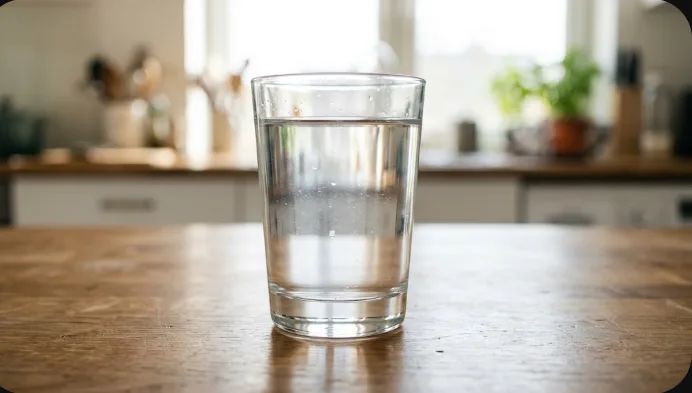 A glass of water on a kitchen table
