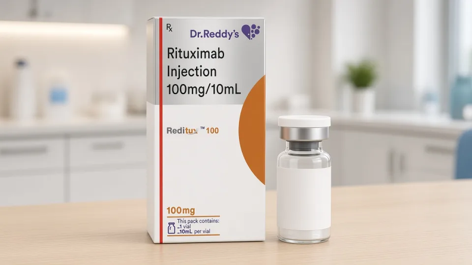Reditux 100 carton (rituximab, Dr. Reddy’s): the substance, 100 mg and the plant are readable on the box