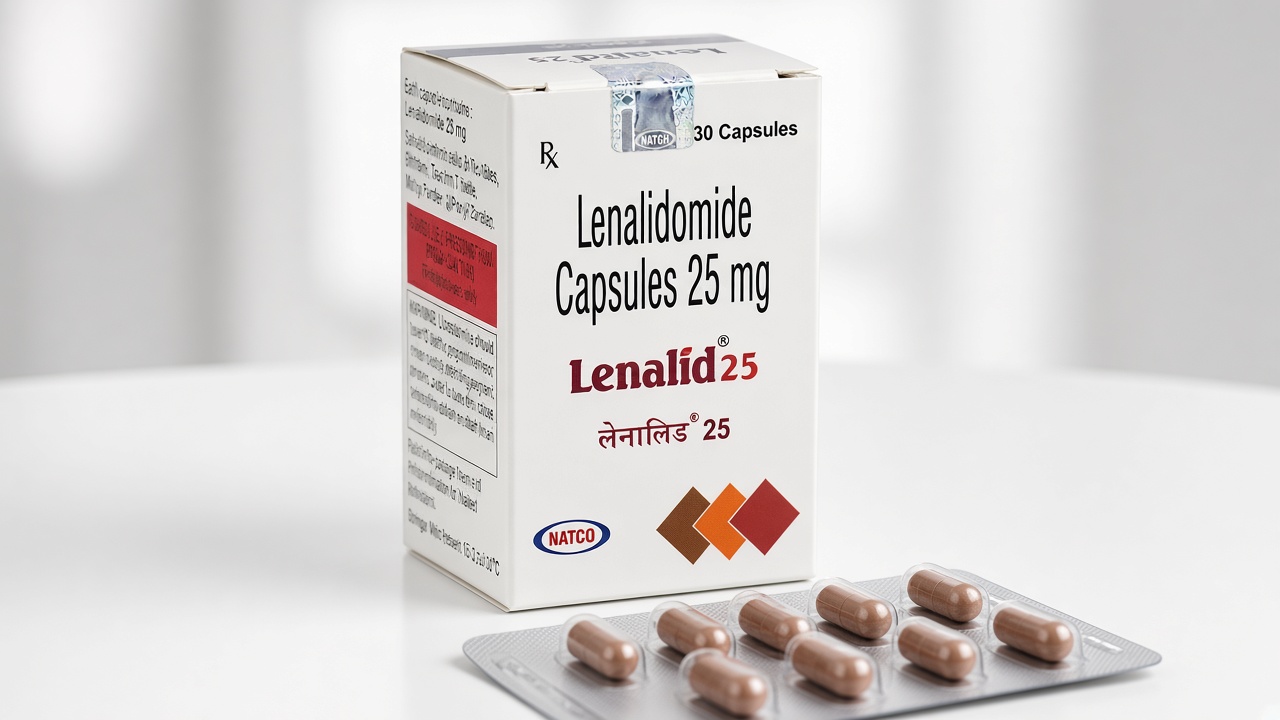 Lenalid 25 carton (lenalidomide, Natco): the substance, 25 mg and the plant are readable on the box