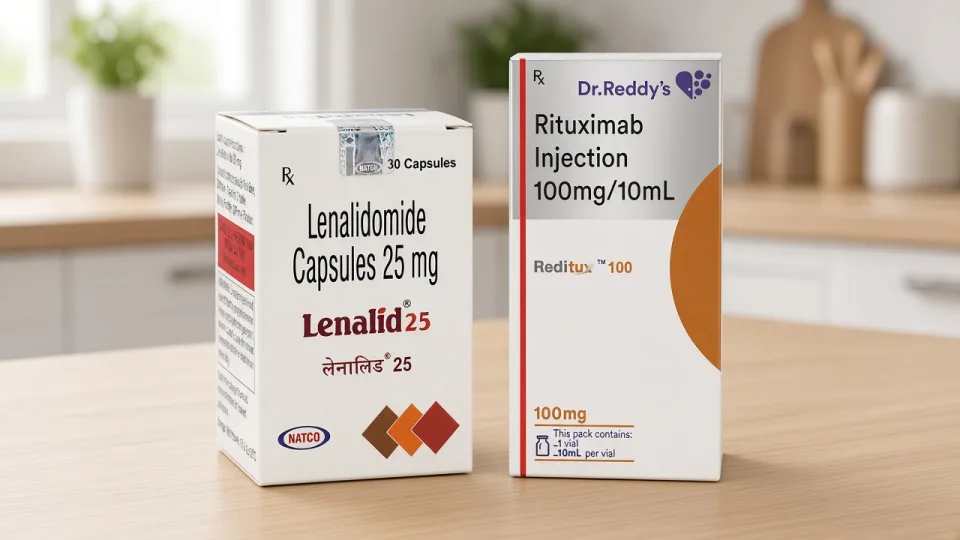 Factory cartons of Indian oncology generics on a table