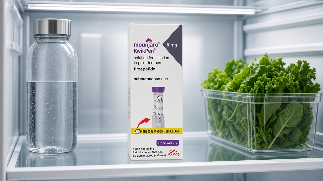 A Mounjaro KwikPen 5 mg carton on the middle fridge shelf