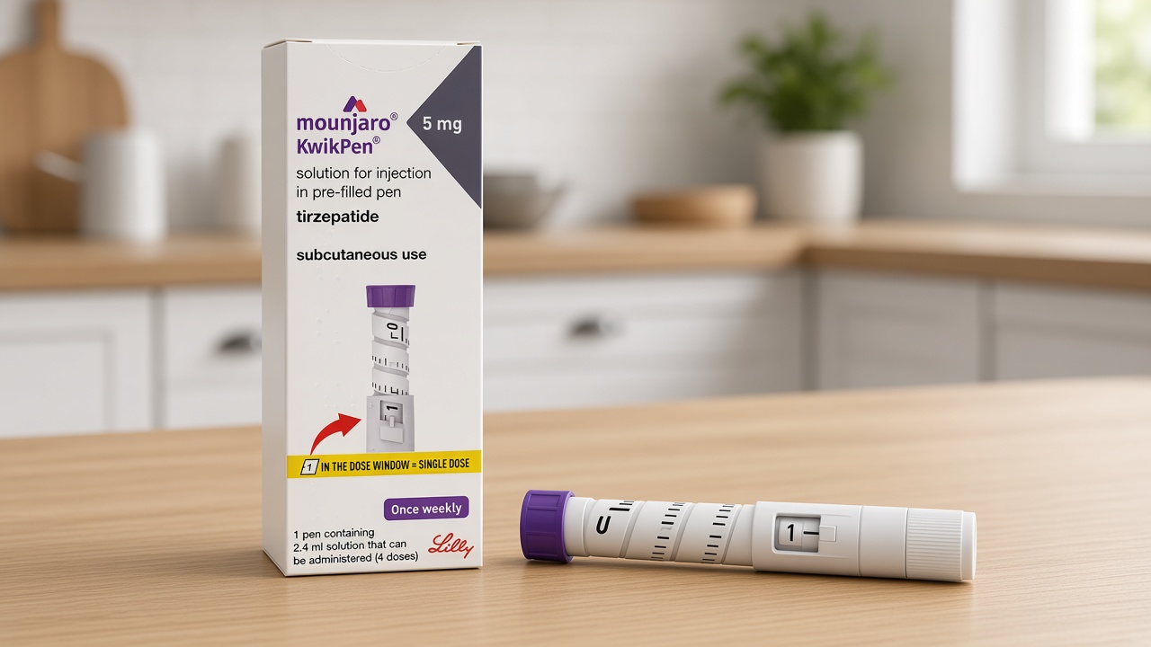 A Mounjaro KwikPen 5 mg carton and the pen with a purple cap