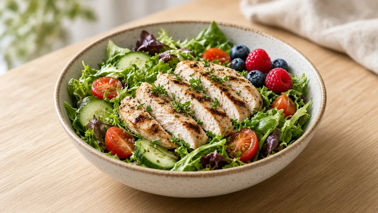 A large bowl of salad with vegetables and turkey