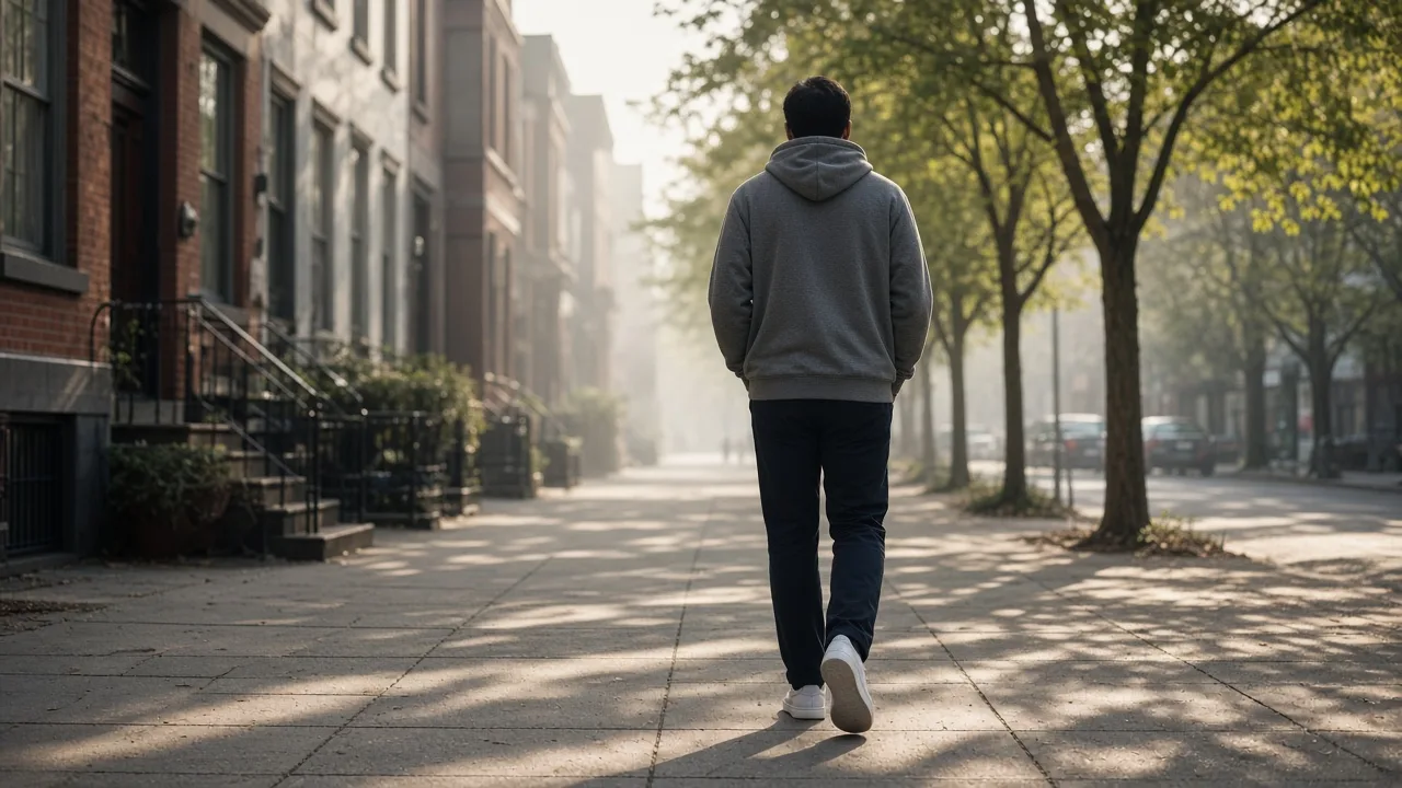 An easy morning walk on a quiet street