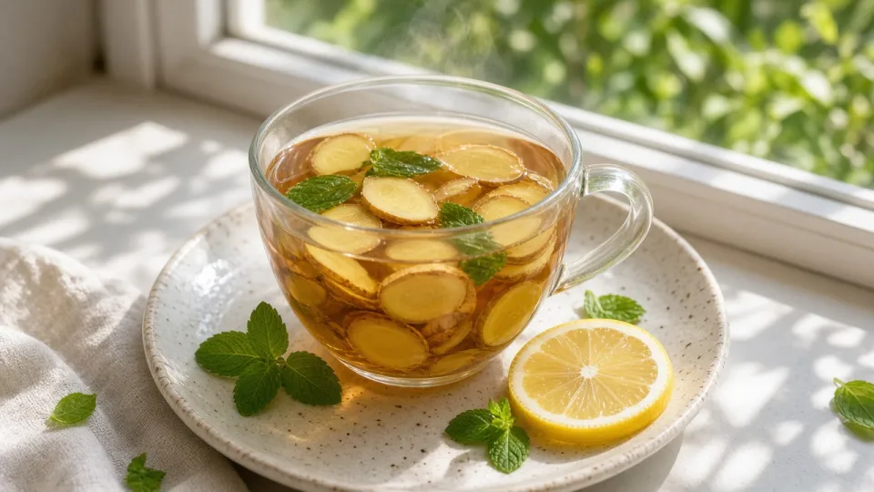 Ginger tea with fresh ginger slices and mint