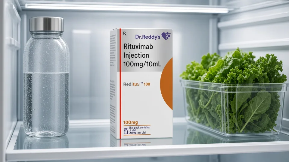 A Reditux 100 carton (rituximab, Dr. Reddy’s) on the middle shelf of a refrigerator
