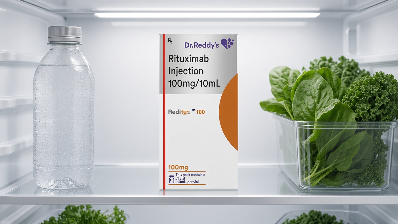 A Reditux 100 carton (rituximab, Dr. Reddy’s) on the middle shelf of a refrigerator