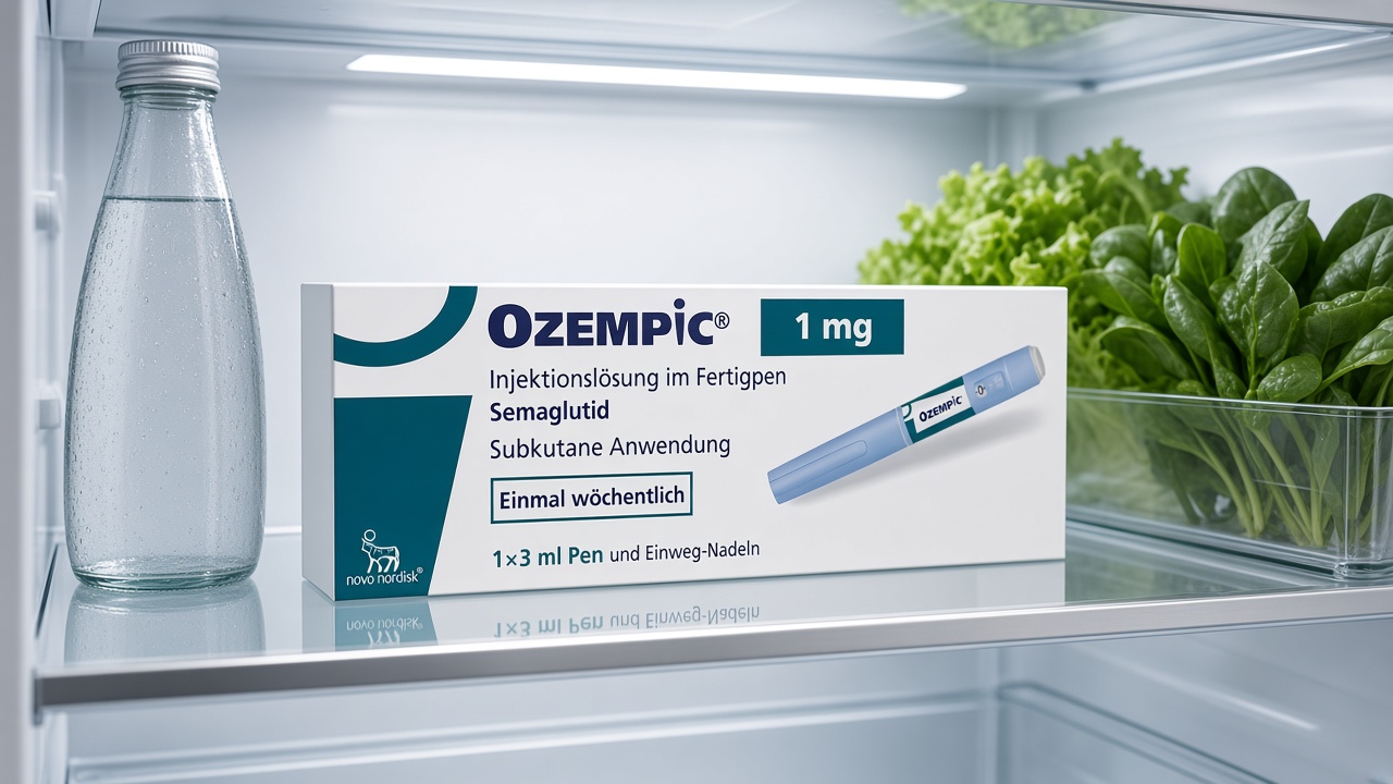 An Ozempic 1 mg carton on the middle shelf of a refrigerator