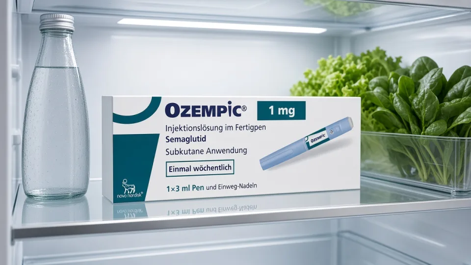 An Ozempic 1 mg carton on a middle fridge shelf