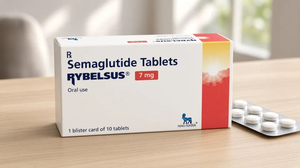A Rybelsus 7 mg carton: Novo Nordisk semaglutide tablets